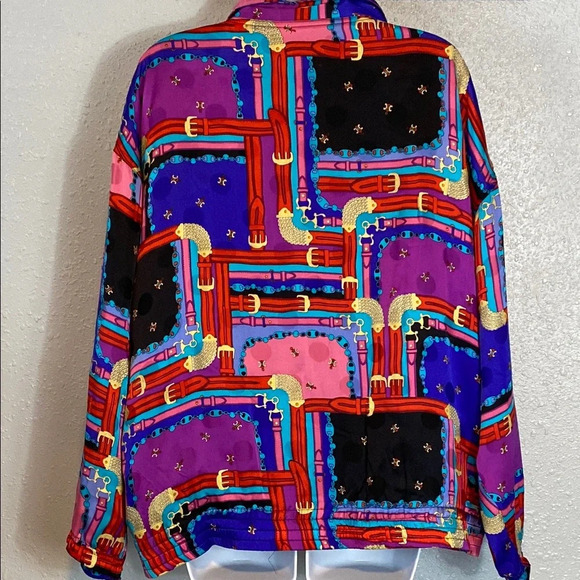 VNTG Mureli 100% Silk Vibrant Purple and Red Bomber Jacket with Artistic Flair - Picture 6 of 10